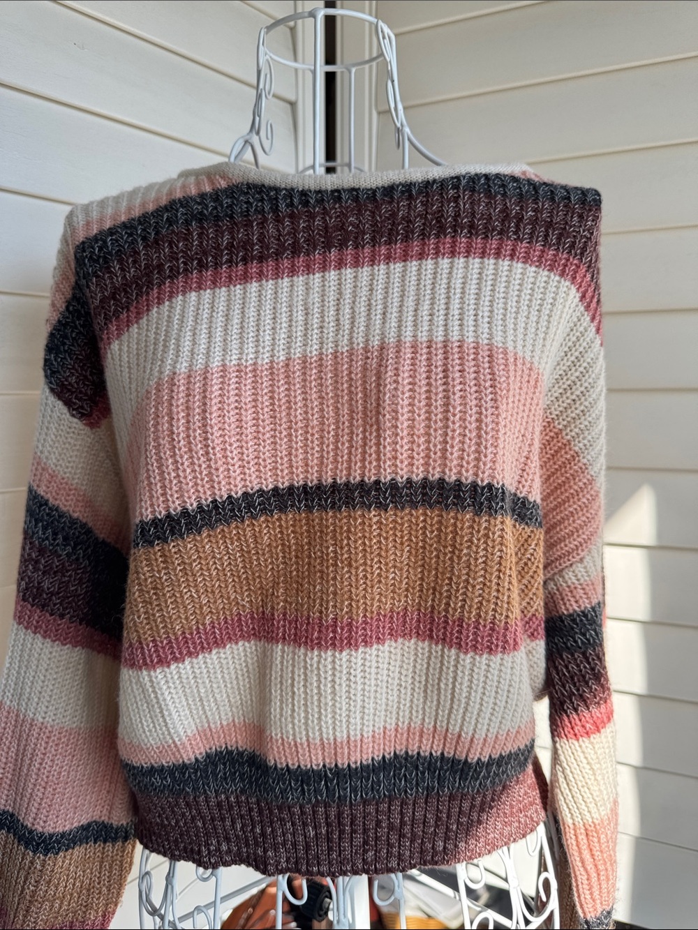 Billabong Striped knit Sweater in Pink, Cream, gray, burgundy.
